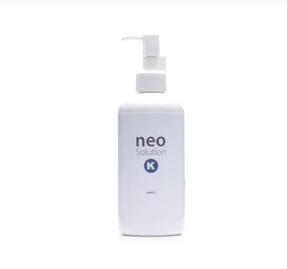 White bottle labeled 'neo Solution K' on a white background
