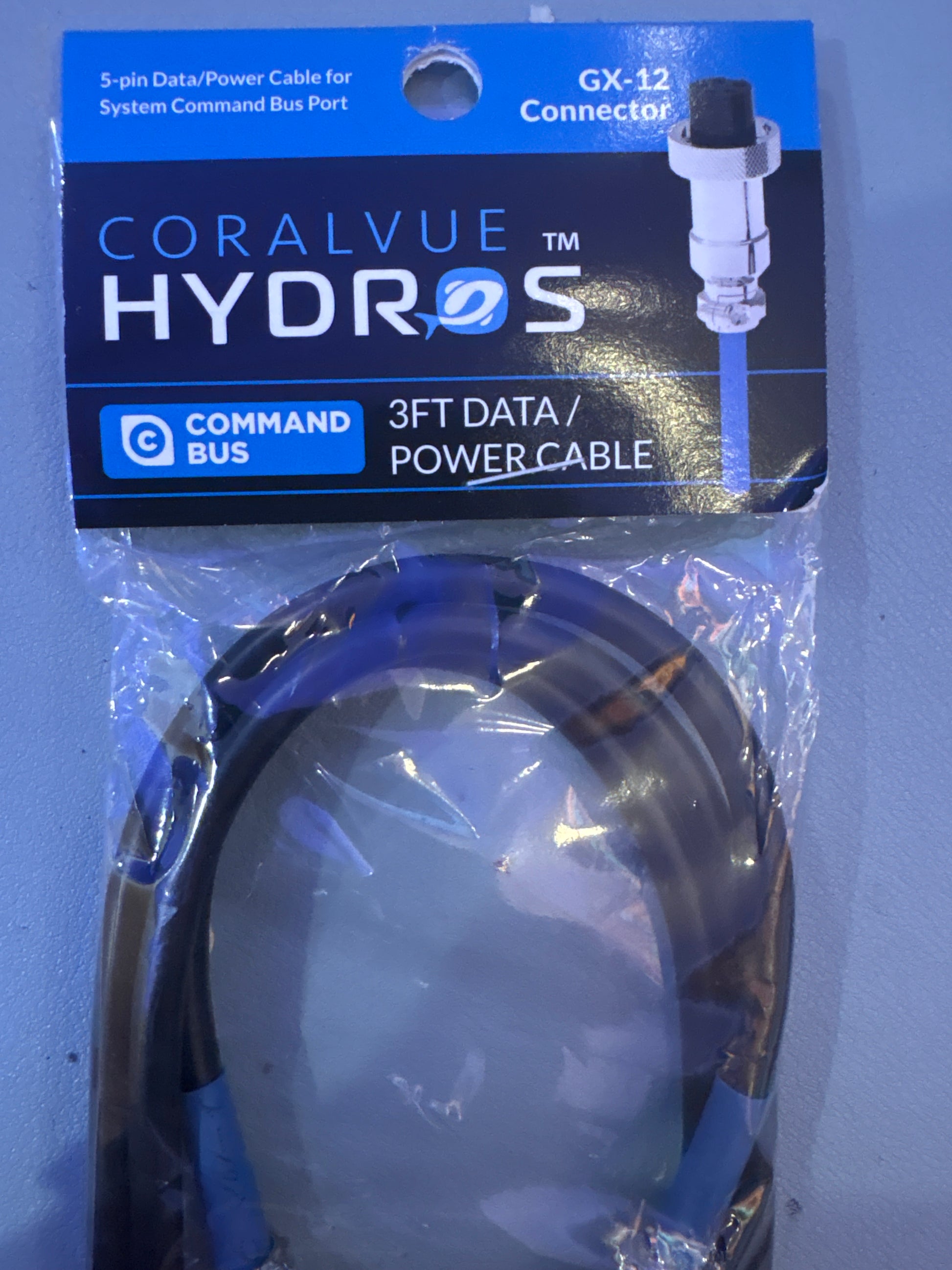 Packaged CoralVue Hydros 3ft Data/Power Command Bus Cable with a 12-pin data port and a 3-pin power connector.
