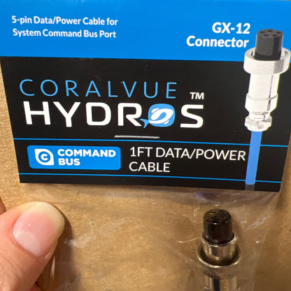 Packaged CoralVue Hydros 1ft Data/Power Cable with GX-12 connector for aquariums, displayed on a flat surface.