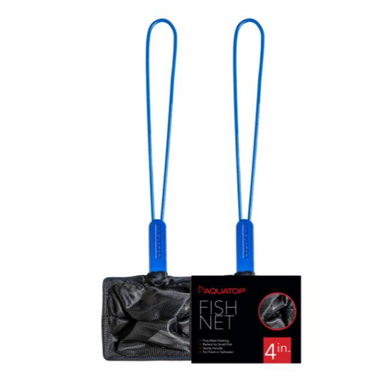 Fish net with blue handles and Aquatop packaging on a white background