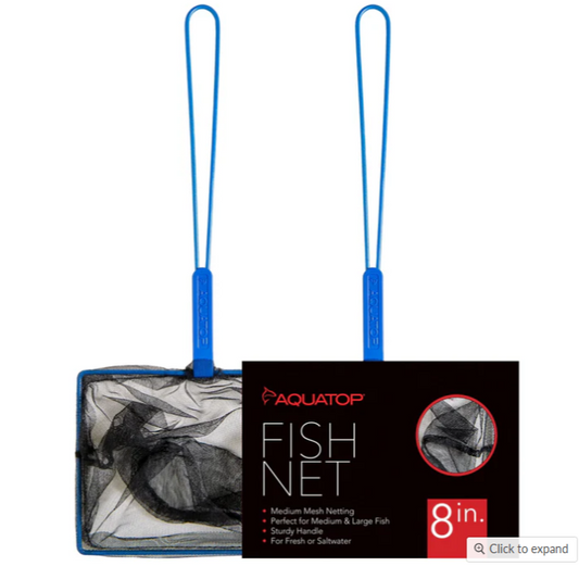 Aquatop fish net with blue handles in packaging on a white background