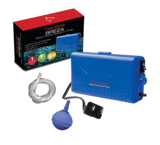 Blue battery-powered air pump with accessories and packaging on a white background
