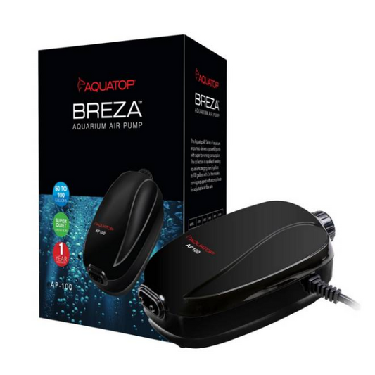Aquatop Breza aquarium air pump with packaging on a white background