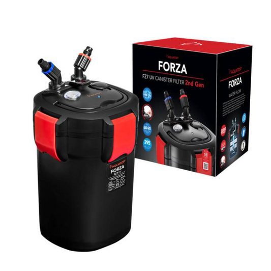 FORZA aquarium filter with packaging on a white background