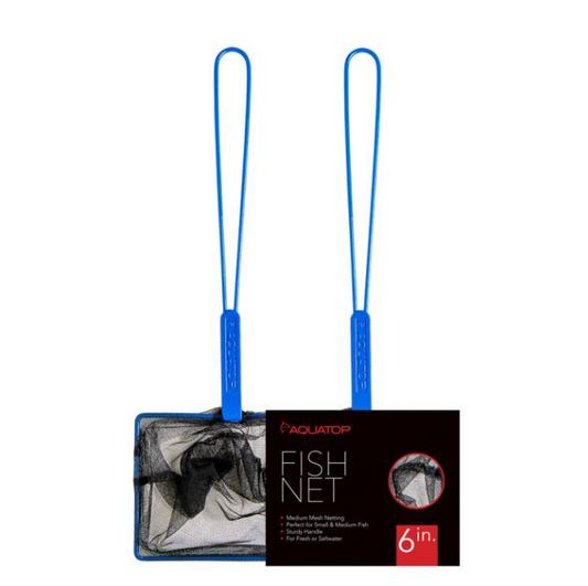 Blue handled Black fine mesh net for aquariums. 6 Inches