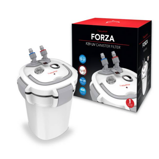 FORZA UV canister filter with packaging on a white background