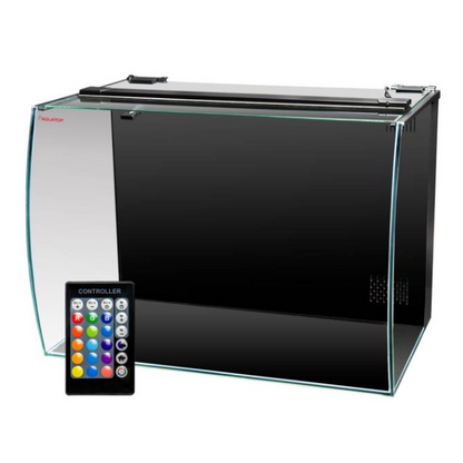 Black rectangular Aquatop Formosa 21.6 gallon aquarium with a light controller on a white background