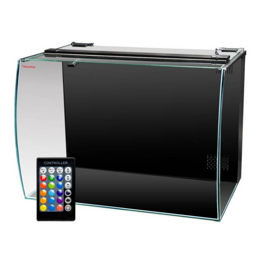 Black rectangular Aquatop Formosa 21.6 gallon aquarium with a light controller on a white background