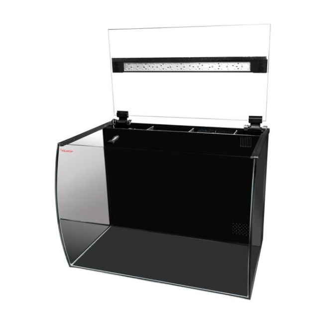 Black aquarium with lid and light attached and lifted up on a white background