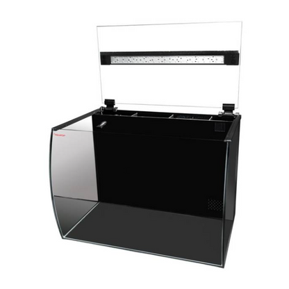 Black aquarium with lid and light attached and lifted up on a white background