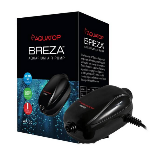 Aquatop Breza aquarium air pump with packaging on a white background