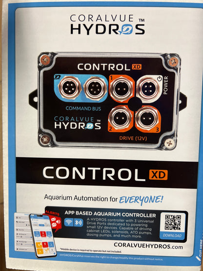Packaging for CoralVue Hydros Control XD, an aquarium automation controller with a black, blue, and orange design featuring multiple control buttons and a QR code.