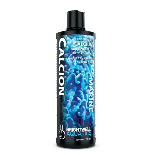 Bottle of Brightwell Aquatics Calcion Calcium supplement for marine fish on a white background