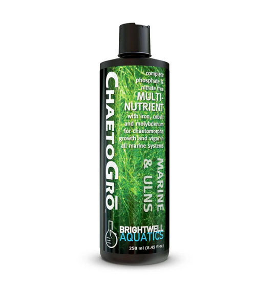 Bottle of ChaetoGro Multi-Nutrient for marine and ulva systems on a white background