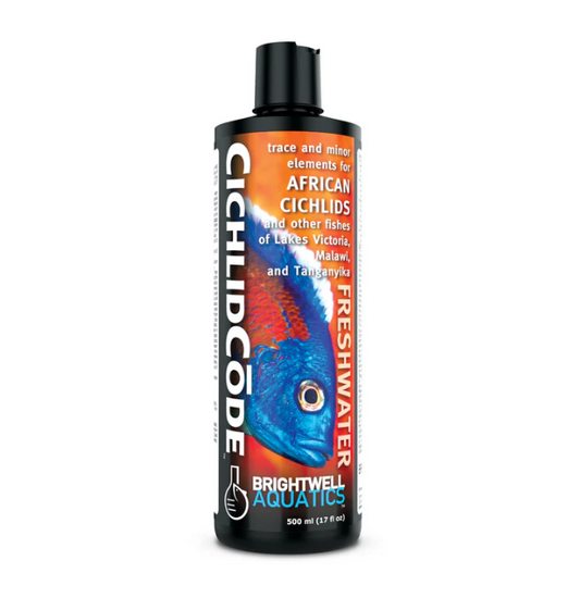 Bottle of Cichlid Code freshwater fish food for African cichlids on a white background