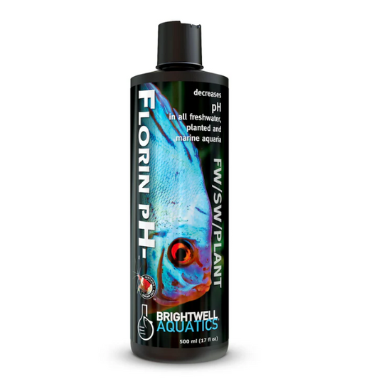 Bottle of Florin pH decreaser for aquariums on a white background