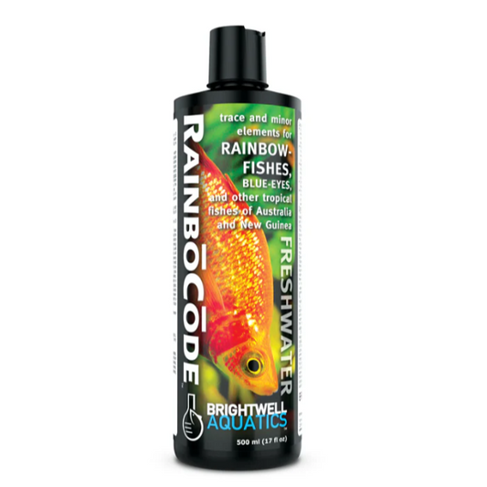 Bottle of Rainbocode aquarium supplement with a colorful fish illustration on a white background