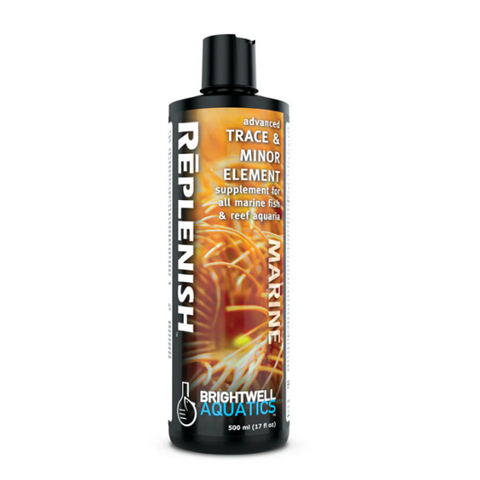 Bottle of Brightwell Aquatics Replenish Marine supplement on a white background