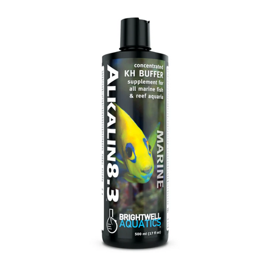 Bottle of Alkalinin 8.3 marine supplement for aquariums on a white background