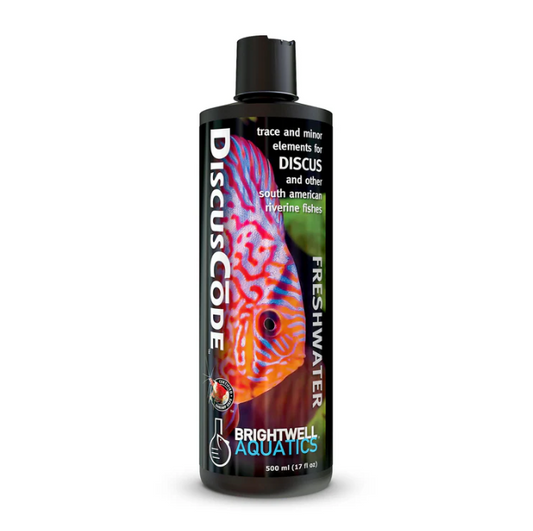 Bottle of Discus Code freshwater supplement for fish on a white background