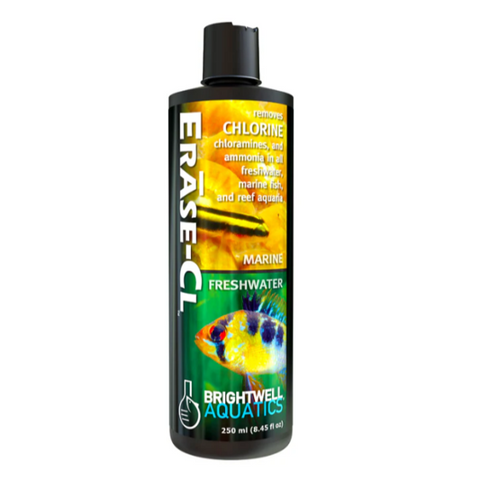 Bottle of Erase-CL aquarium water conditioner with colorful label on a white background