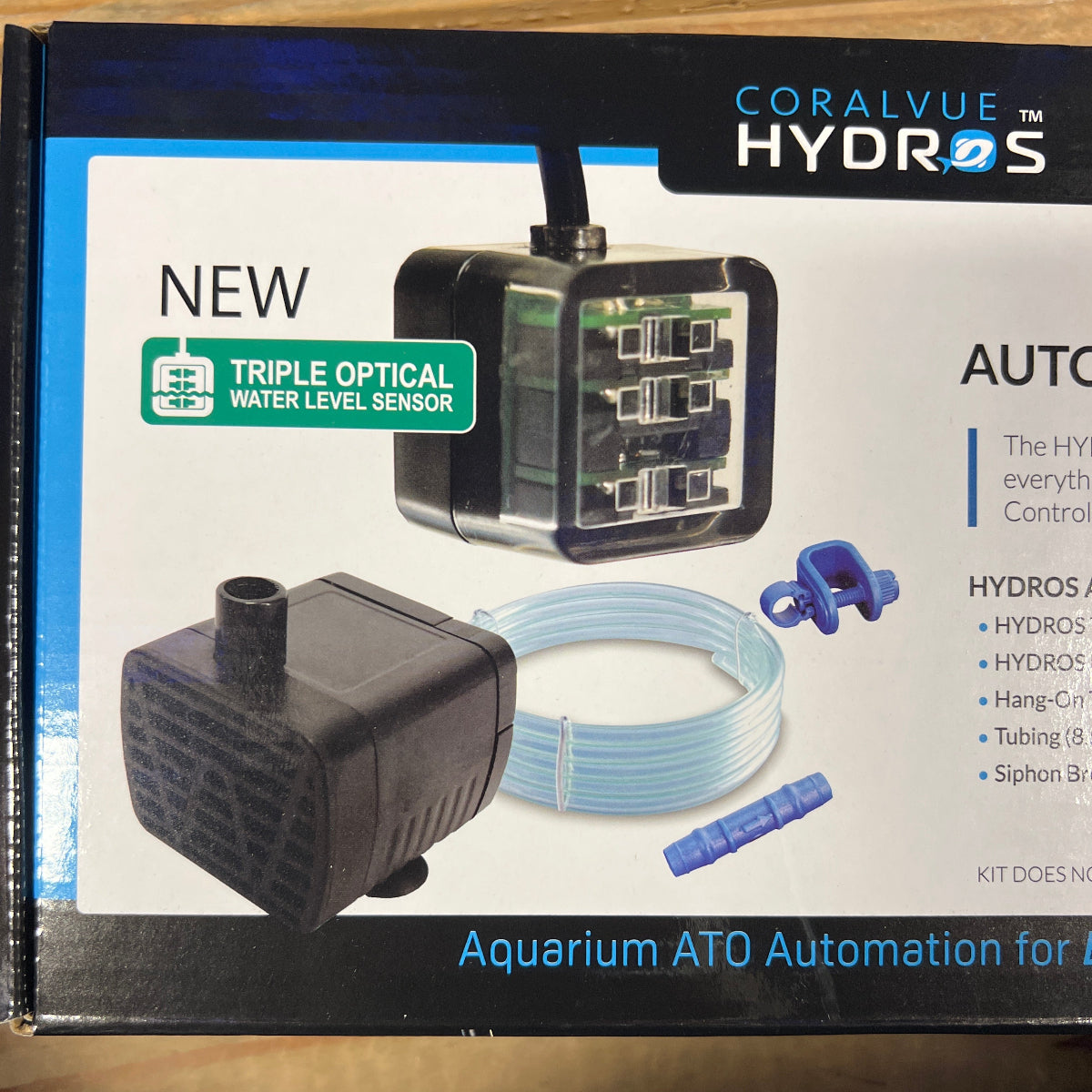 Packaging for CoralVue Hydros ATO Auto Top Off Kit for aquarium water treatment, featuring the product and its components.