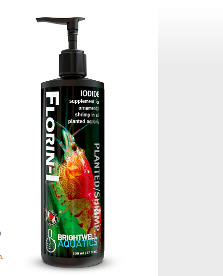 Bottle of Florin-I iodide supplement for aquarium shrimp on a white background