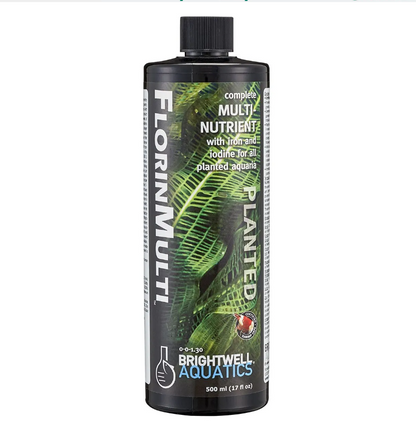 Bottle of FlorinMulti Planted nutrient for aquarium plants on a white background