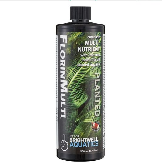 Bottle of FlorinMulti Planted nutrient for aquarium plants on a white background