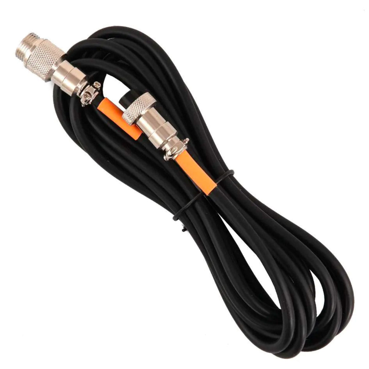 Coiled black cable with F-type connectors on a white background