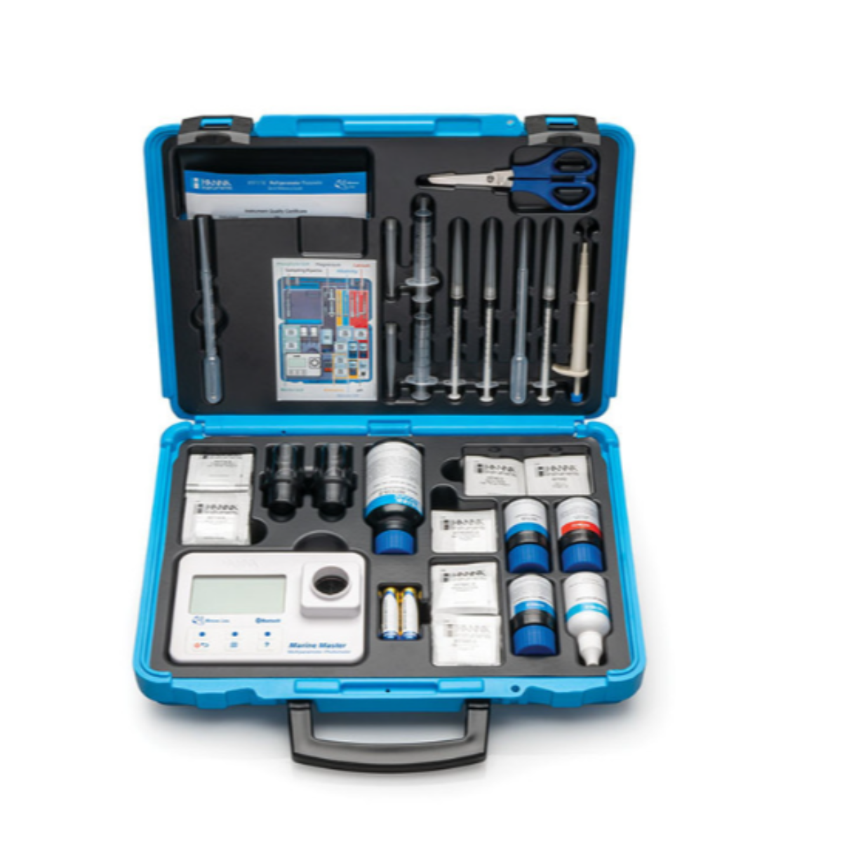 Open blue tool case with various tools and equipment on a white background
