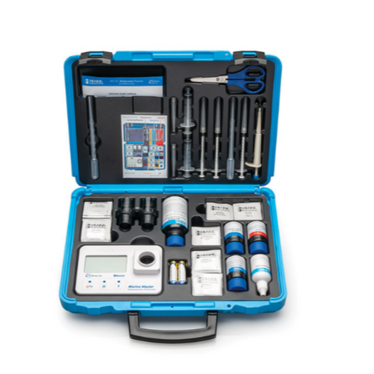 Open blue tool case with various tools and equipment on a white background