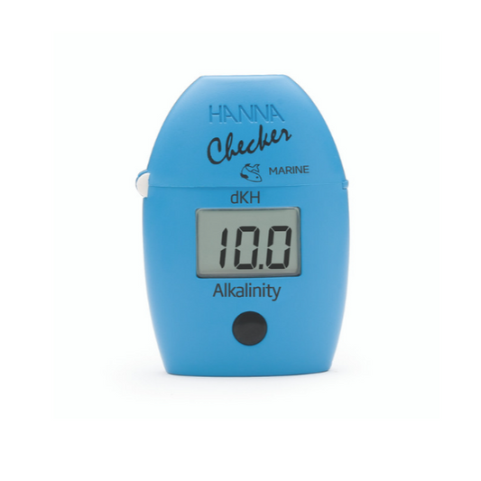 Blue Hanna Checker marine dKH alkalinity meter on a white background