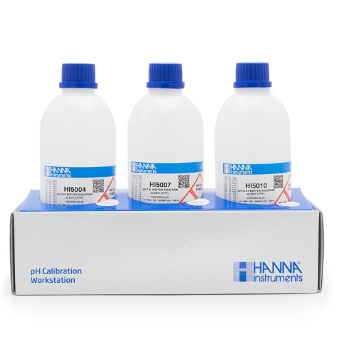 Three bottles of Hanna Instruments pH calibration solution on a white background
