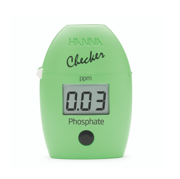 Green digital phosphate meter by Hanna with digital display on a white background