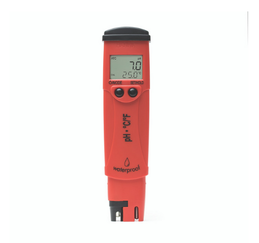 Red pH and temperature meter on a white background