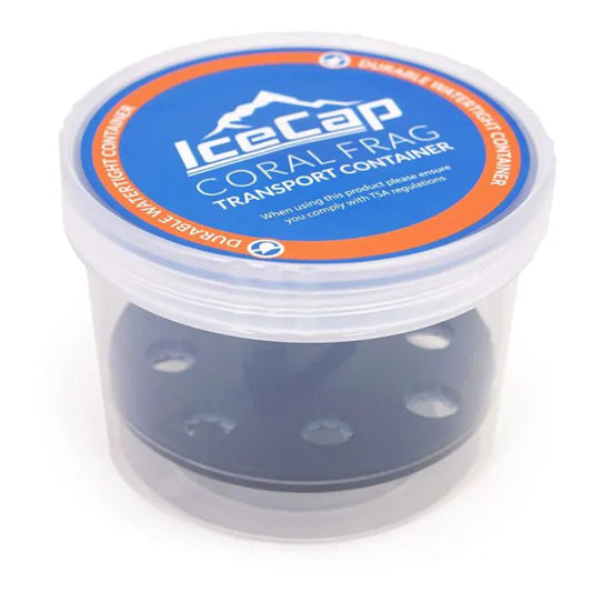 Icecap coral frag transport container with blue lid on a white background