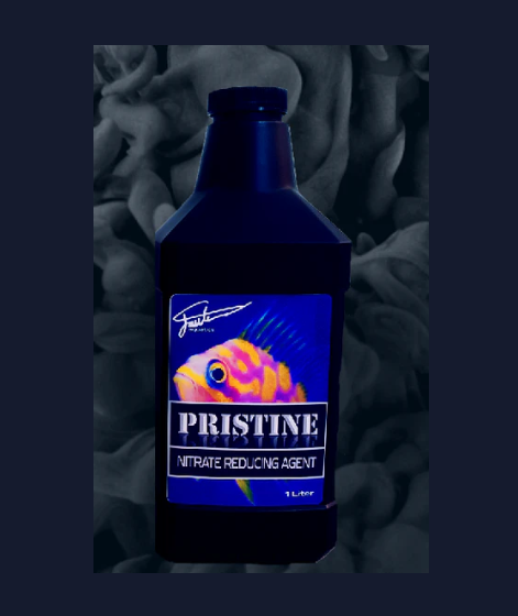 Bottle of 'Pristine' nitrate reducing agent with a colorful fish label on a dark background