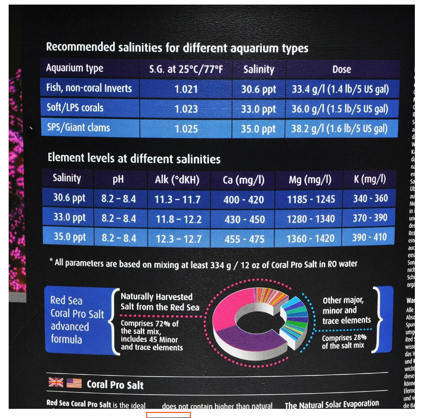 Chart detailing recommended salinities for different aquarium types and element levels at various salinities with Red Sea Coral Pro Salt branding.