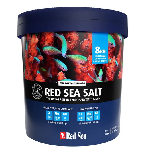 Red Sea Salt container with colorful coral and fish on a white background