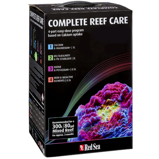 Red Sea Complete Reef Care packaging with colorful coral illustration on a black background