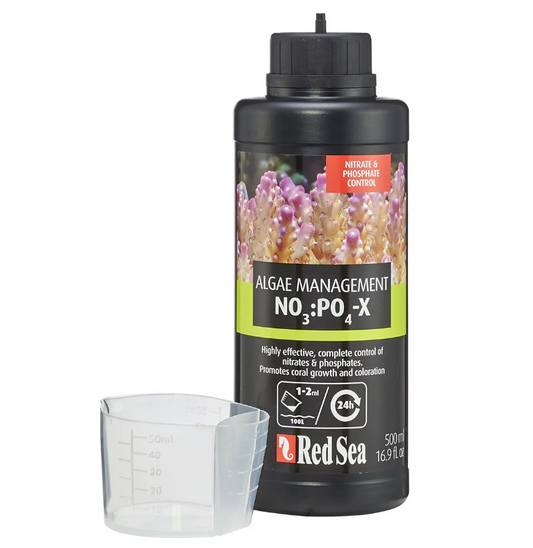 Black bottle of Red Sea Algae Management product with a measuring cup on a white background
