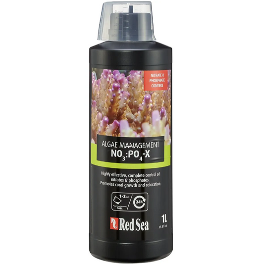 Black bottle of Red Sea Algae Management product with coral image on label