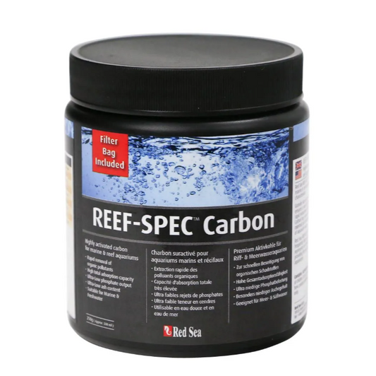 Black container of Reef-Spec Carbon with a label on a white background