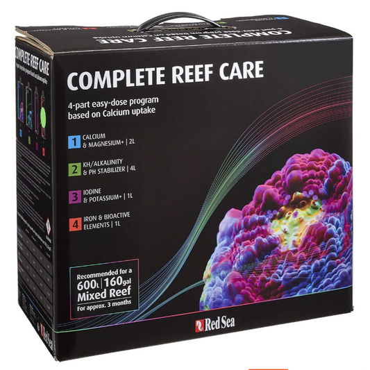 Red Sea Complete Reef Care packaging with colorful coral illustration on a black background