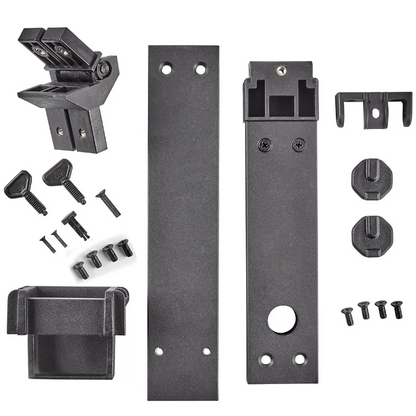 Set of black metal components and hardware on a white background