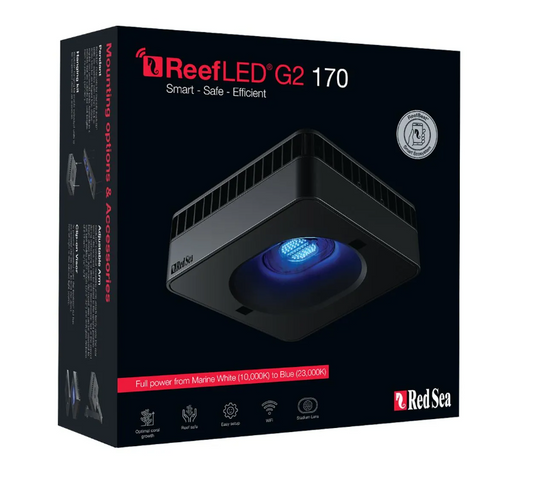 ReefLED G2 170 packaging with Red Sea branding on a black background