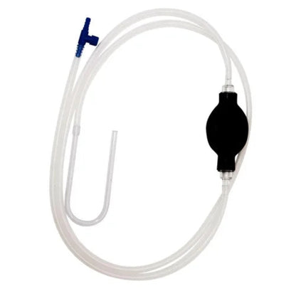 Black and clear plastic device with a hose on a white background