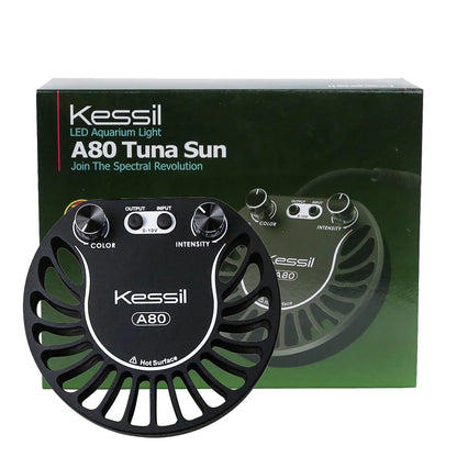 Kessil A80 Tuna Sun LED aquarium light with packaging on a white background