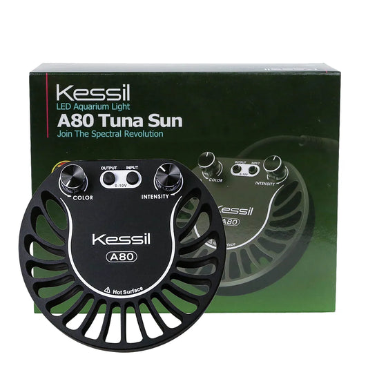 Kessil A80 Tuna Sun LED aquarium light with packaging on a white background